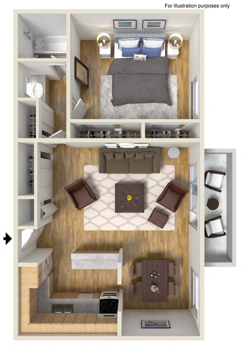 Floor plan for 1 bed, 1 bath, 751 sqft